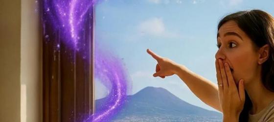 Ragazza stupita indica con la mano una finestra dalla quale pare stia entrando una scia viola luccicante