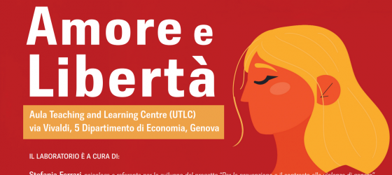 sfondo rosso, in primo piano una donna stilizzata e al suo fianco sinistro la scritta "amore e libertà"